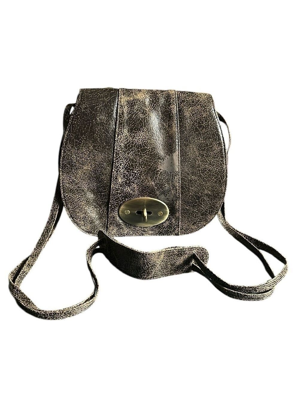 Bryna Nicole Saddle Bag Crossbody in Distressed Brown Leather with Brass Clasp